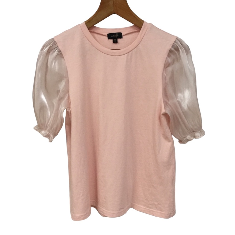 ONTWELFTH sz Small Jrs Top w Sheer Shimmery Balloon Short Sleeves Peachy